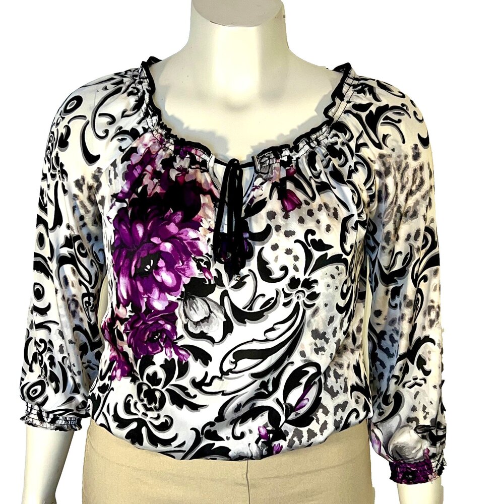 WHBM Peasant Blouse Womens S Purple Floral Brocade 3/4 Sleeve Gathered Hem